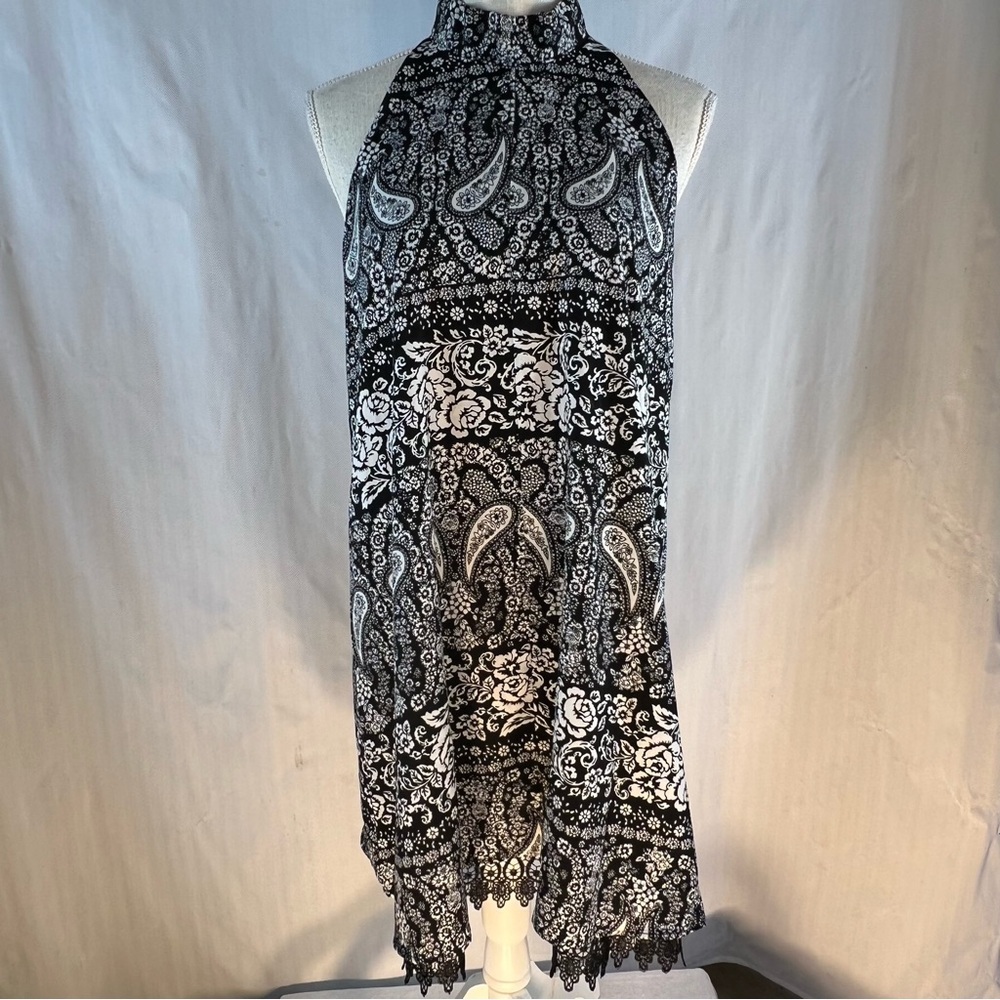 Altar’d State Dress Black & White Paisley Halter Scooped Out Back Lace Hem M